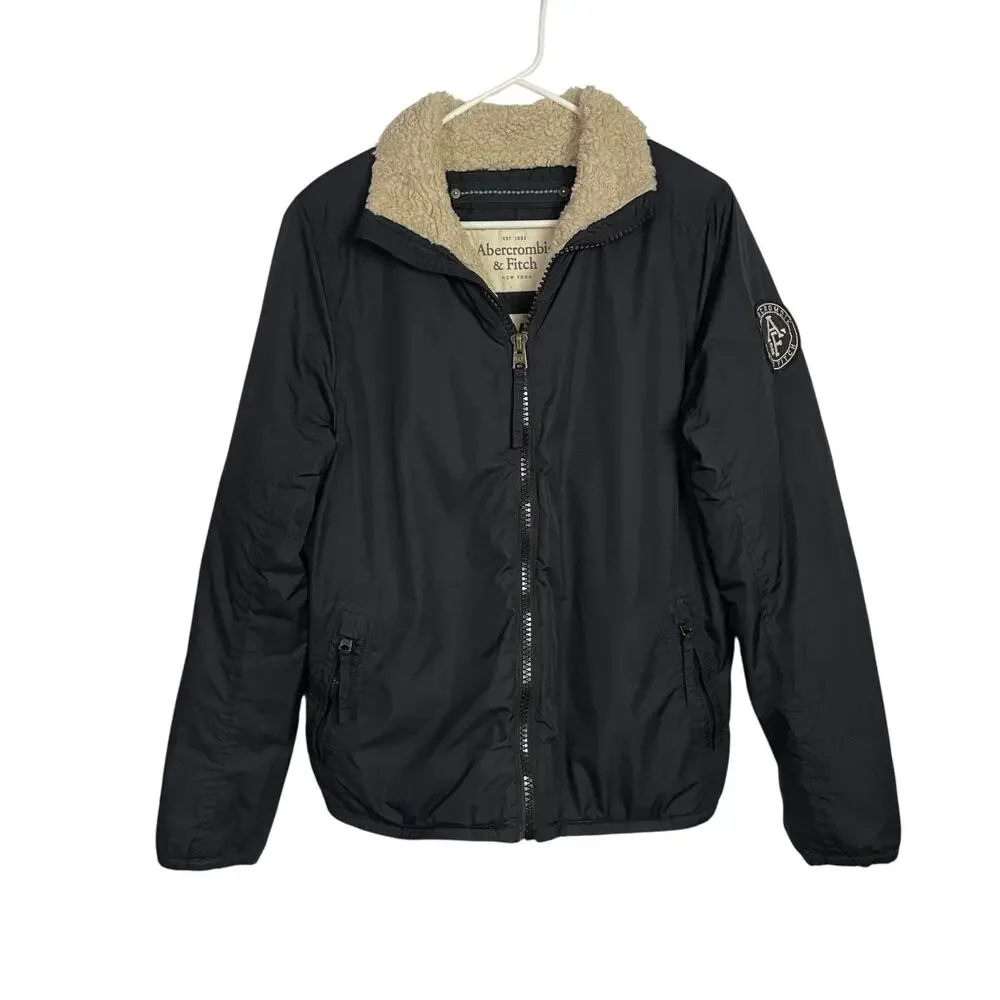 Abercrombie & Fitch Bomber Jacket Mens M Navy‎ Sherpa Lined Logo Sleeve Patch